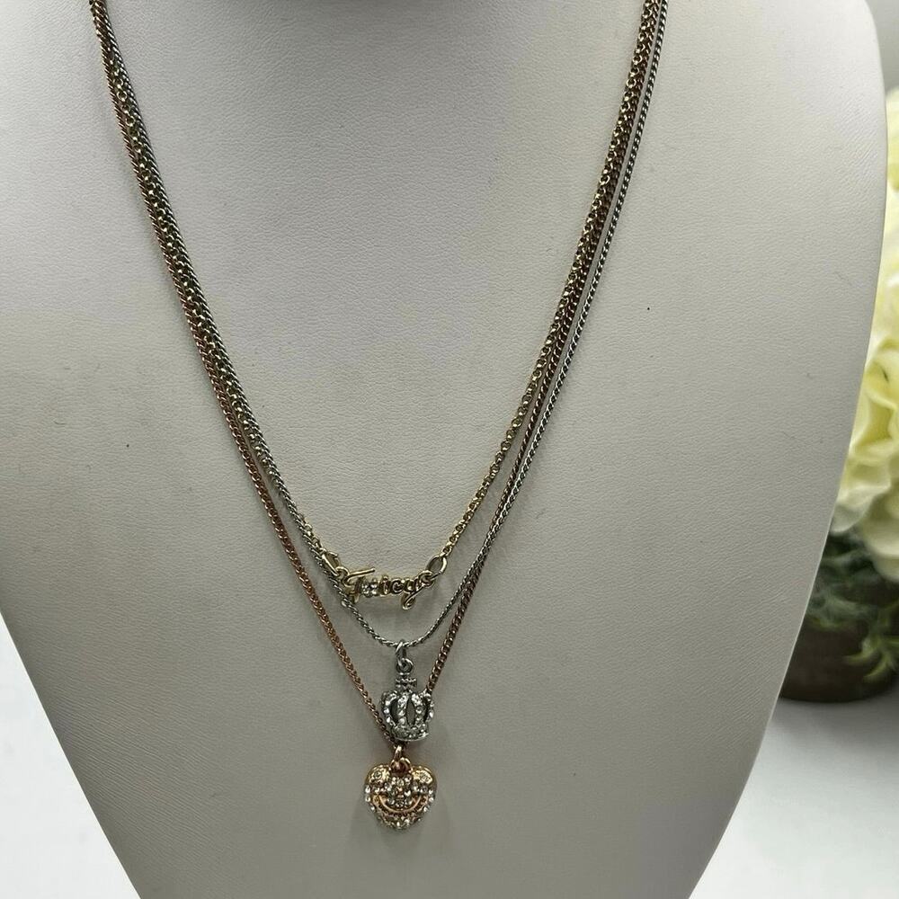 Juicy Couture Tiered Graduated Triple‎ Strand 3 Charm Logo Crown Heart Necklace